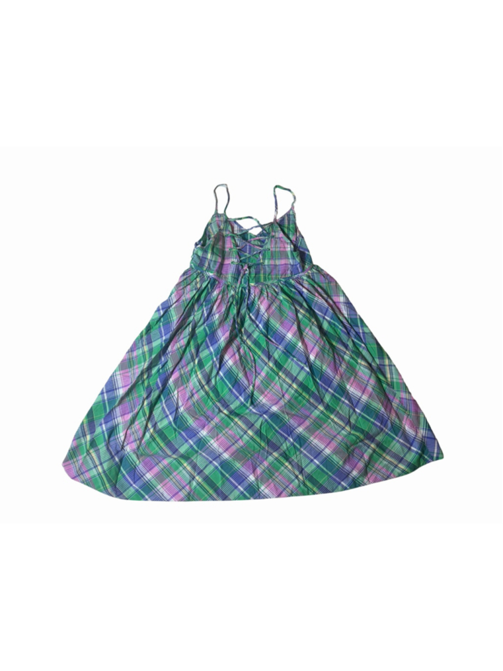 Ralph Lauren Girls Dress Size 10 Green Pink Plaid Lace Up Cotton Sundress